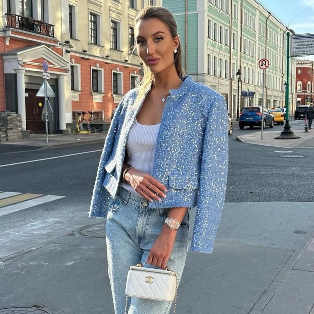 Zara textured tweed sequin blazer jacket blue sliver - Picture 1 of 12